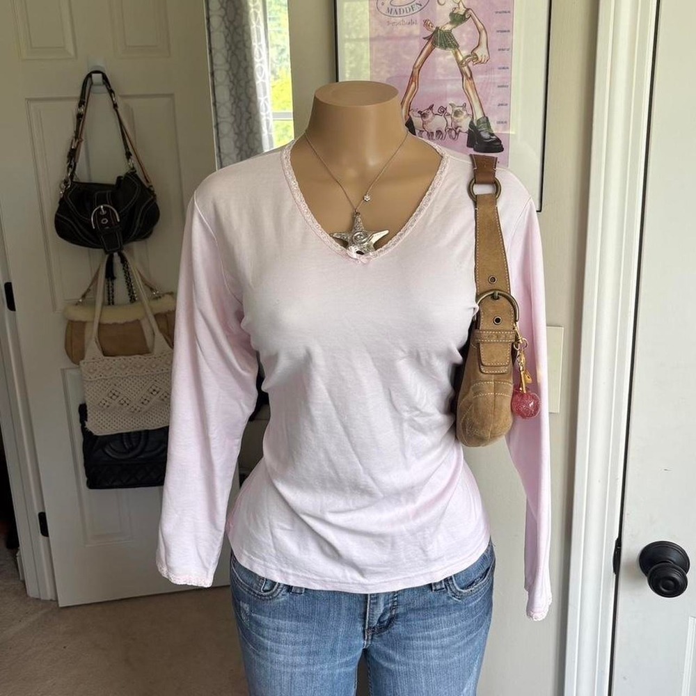 Y2K 2000s coquette pastel Baby Pink Lace Trim bow Long Sleeve Top